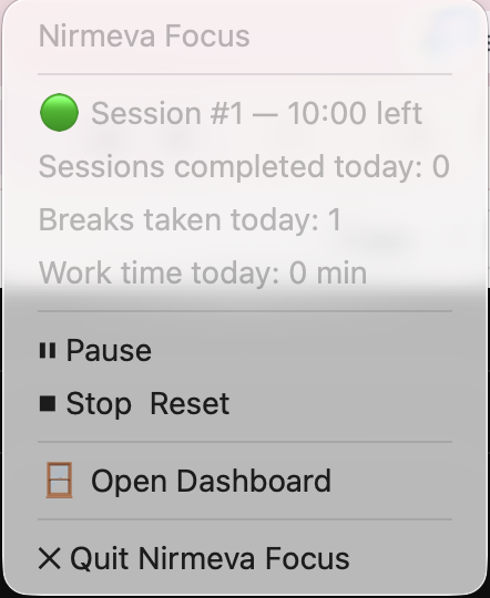 Nirmeva Focus menu bar dropdown