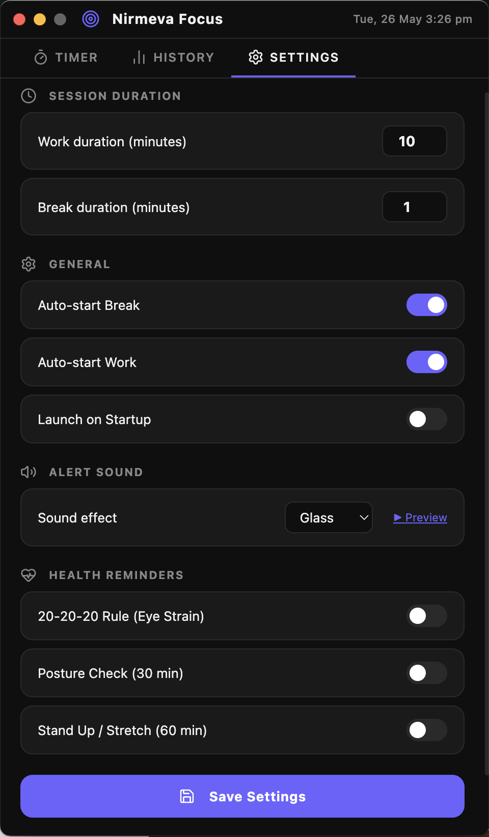 Nirmeva Focus settings panel